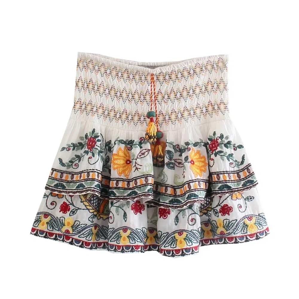 Boho Floral Embroidered Batwing Sleeve Blouse Ruffle Mini Skirt Set - Picture 10 of 14